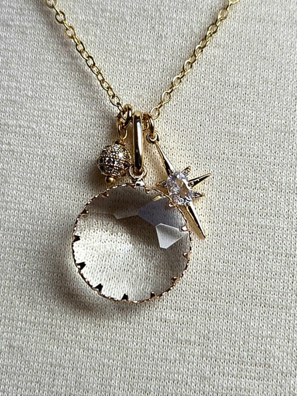 Gold Crystal Charm Necklace - Clear Pendant